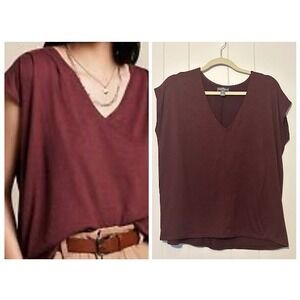 Market & Spruce Top Womens Medium Burgundy V-Neck Short Sleeve Relaxed Blouse